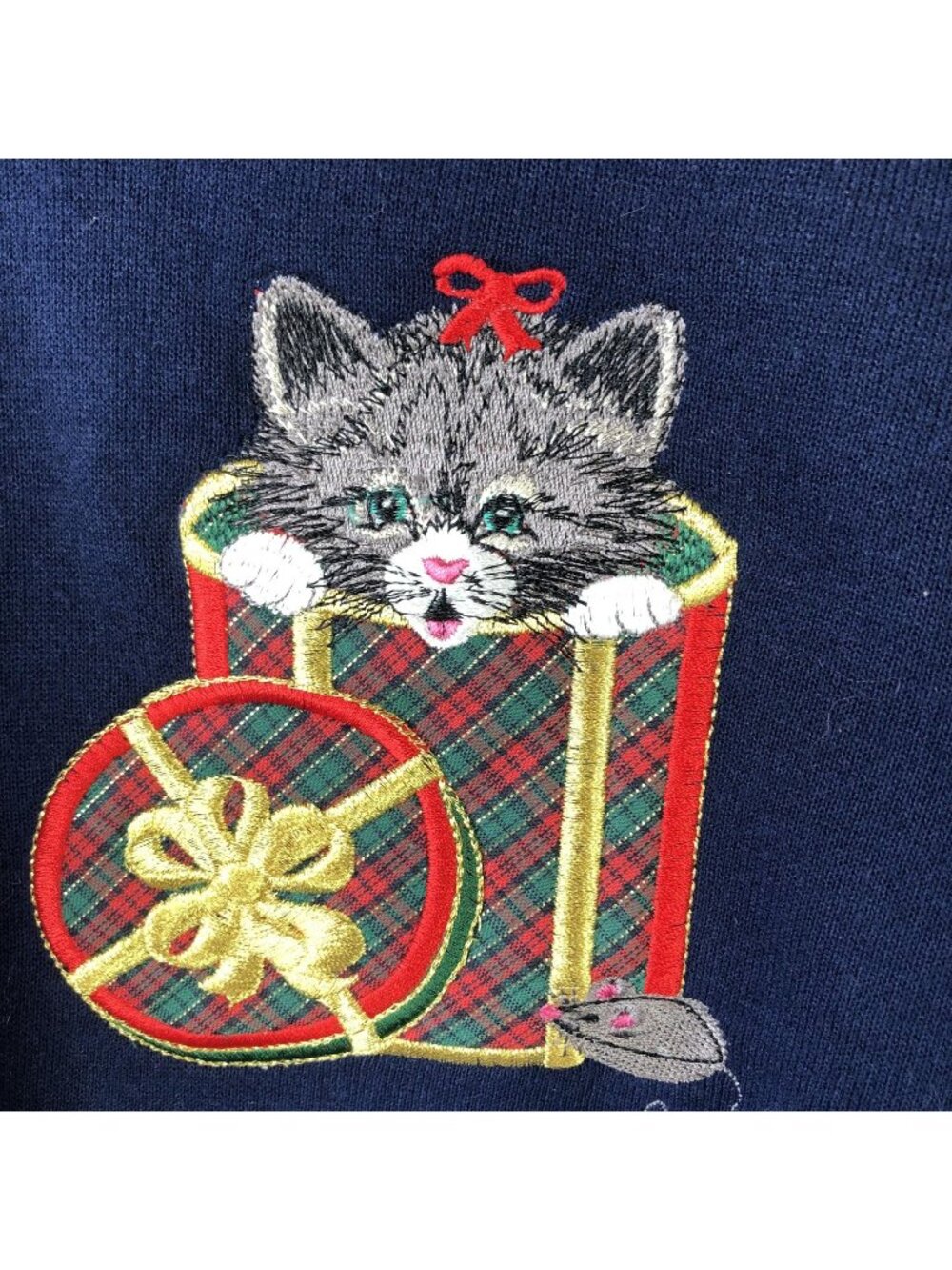 Morning Sun Christmas Cat Sweatshirt Womens M Blue Mock Neck Fleece Vintage